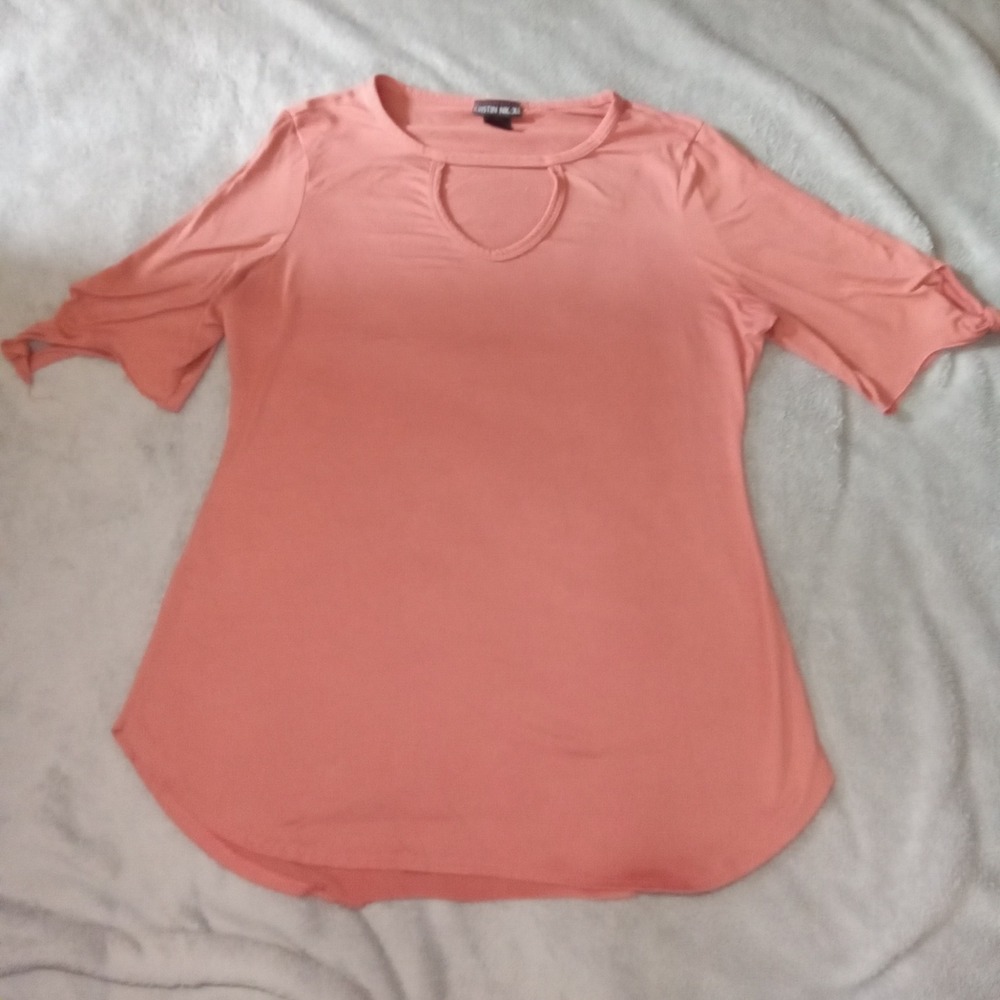 Kristin Nicole Coral Pink Keyhole Neck Knot Sleeve Top Curved Hem XL